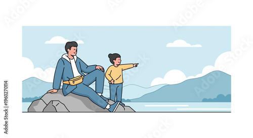 Father And Child Admire Scenic Mountain Vista Together Outdoors Adventure