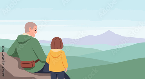 Father And Child Admiring Scenic Mountain Vista Outdoor Adventures Together
