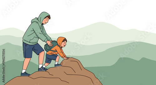Father And Child Ascending Rocky Terrain Together In Nature