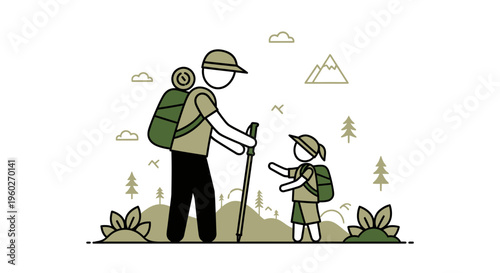 Father And Child Backpacking Adventure In Mountains And Forest