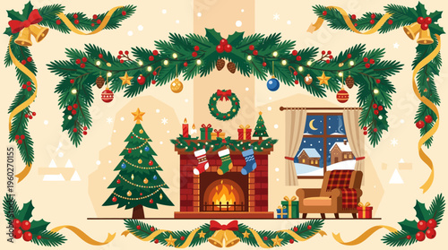 Cozy Christmas Scene with Decorated Fireplace and Tree