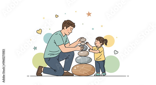 Father And Child Building Stone Tower Together Playful Activity Outdoors