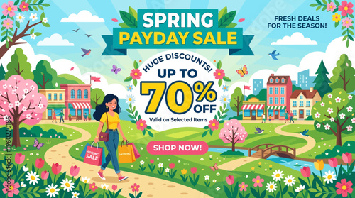Spring Payday Sale Banner with Discounts and Shopping