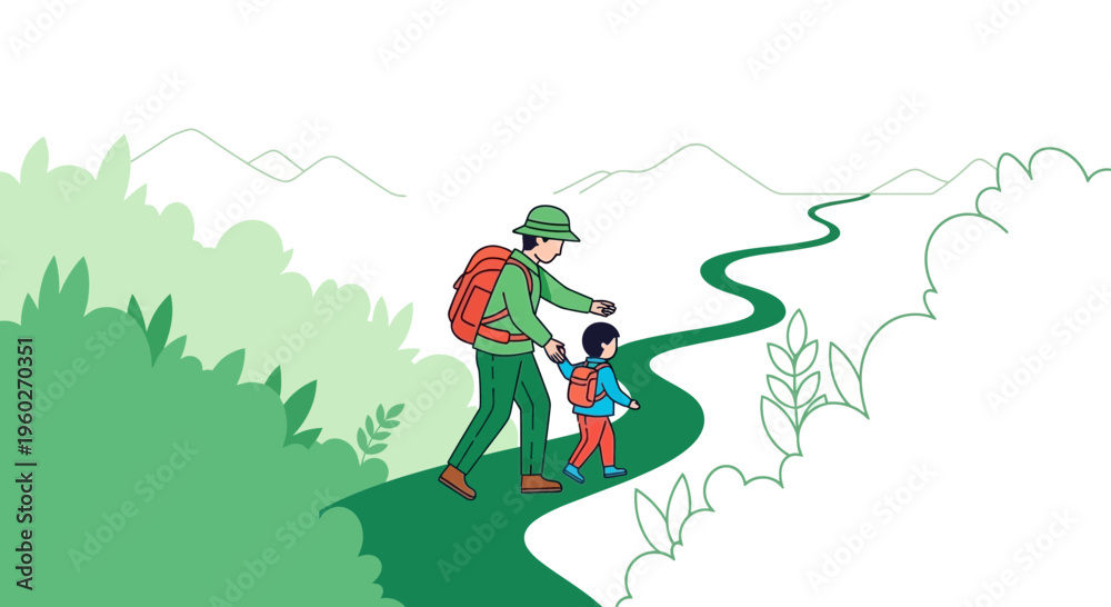 Fototapeta premium Father And Child Hiking On A Scenic Mountain Trail Together