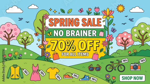 Spring Sale Banner with 70% Discount and Shopping Elements