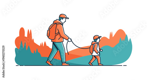 Father And Child Hiking Adventure Through Scenic Nature Trails