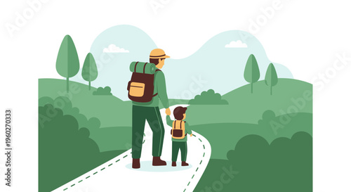 Father And Child Hiking Adventure Together In Nature