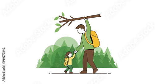 Father And Child Hiking In Forest Adventure Together Under Tree Branch