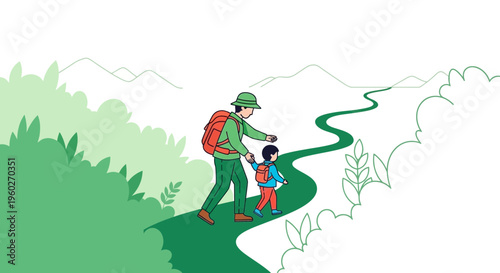 Father And Child Hiking On A Scenic Mountain Trail Together