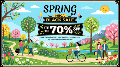 Spring Mega Black Sale Promotional Banner with People