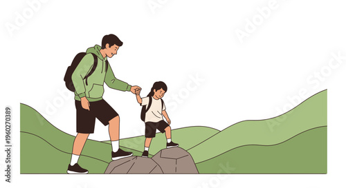 Father And Child Hiking Together On A Mountain Trail
