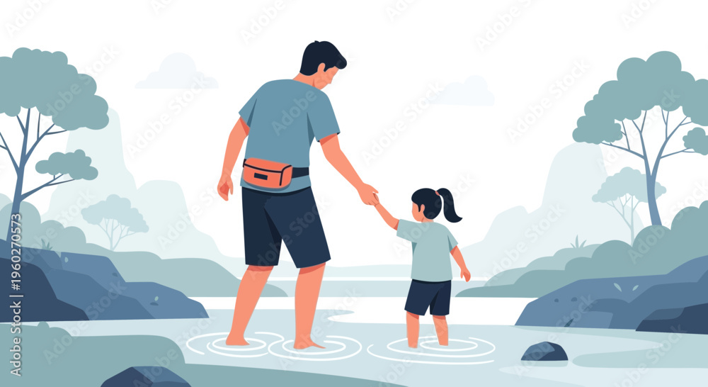 Obraz premium Father And Daughter Walking Through Water Together
