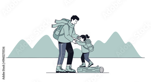 Father And Daughter Hiking Together In Mountains Supporting Each Other