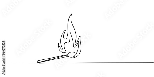Continuous one line drawing of burning match. simple burning match stick line art vector illustration. Editable stroke, one continuous line drawing of match sticks.one line drawing of burning wooden.