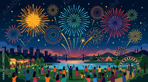 Vibrant Fireworks Display over City and Cheering Crowd