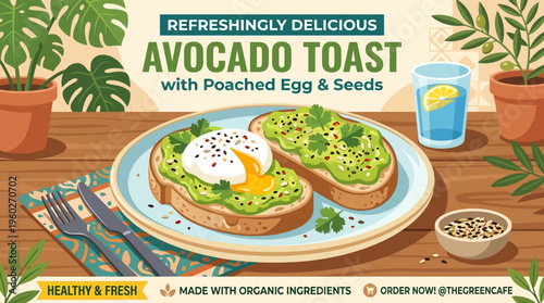 Delicious Avocado Toast with Poached Egg and Seeds