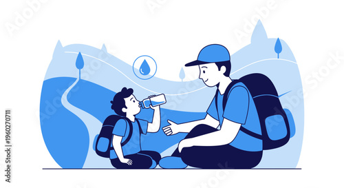 Father And Son Hiking Adventure Hydration Break Outdoors