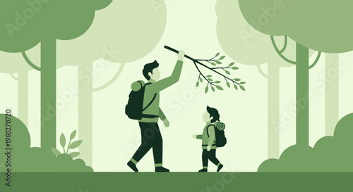 Father And Son Hiking Adventure In The Forest Exploring Nature Together