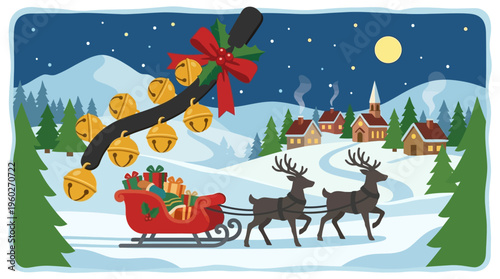 Christmas Sleigh Pulled by Reindeer with Jingle Bells