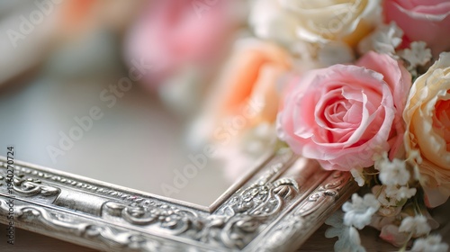 Elegant Silver Frame Adorned with Delicate Pink and Cream Roses.