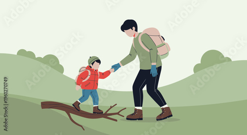 Father And Son Hiking Together Offering A Helping Hand On A Trail