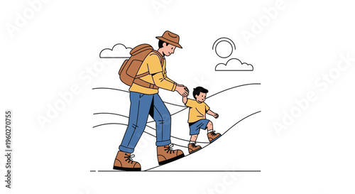 Father And Son Hiking Together On A Sunny Day