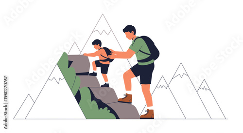 Father And Son Hiking Up A Mountain Together Adventurous Journey