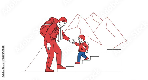 Father And Son Hiking Up Mountain Steps Together With Assistance