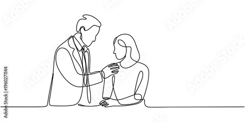 One line art continuous line drawing of a doctor comforting a patient by placing a reassuring hand on their shoulder, isolated on white background