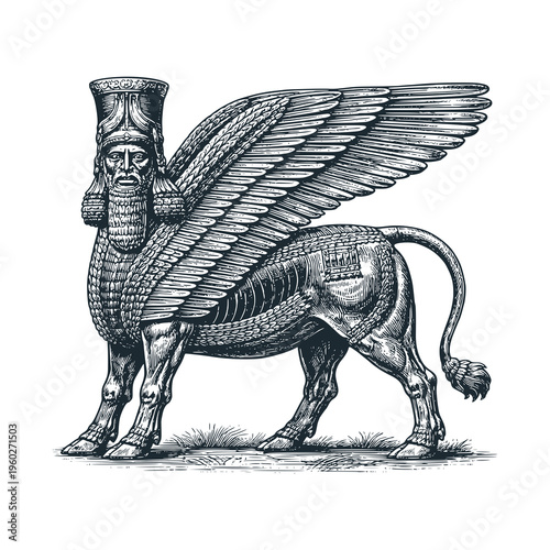 Lamassu engraved black white illustration. Mythological icon.	