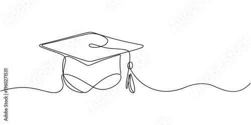 graduation cap continuous one line drawing, Continuous line drawing of a graduation cap and diploma.one line illustration symbolizing academic achievement, education, commencement, success, and a mile