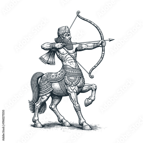 Centaur engraved black white illustration. Mythological icon.	