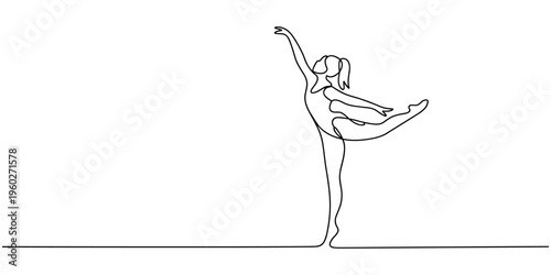 Continuous one line drawing young girl rhythmic gymnast practice split stand. Female movement, flexible dancing athlete. Action sports competition. Single line draw design vector graphic illustration