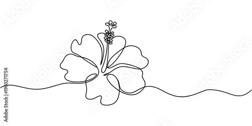 Hibiscus flower in one line art drawing style. Black line sketch on white background. Vector illustration, Hibiscus flower in one continuous line drawing. Floral abstract symbol in simple linear style