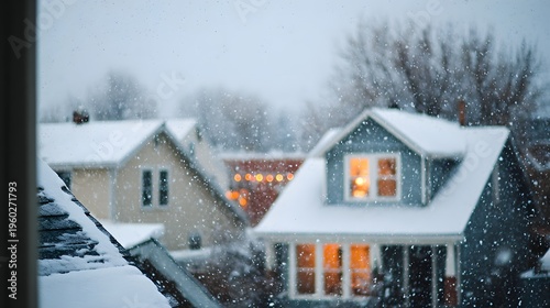 Cozy Houses Bathed in Warm Light During a Gentle Snowfall.