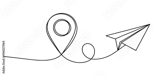 Continuous one line drawing Pointing location at map and paper plane, Paper plane line continuous drawing vector. One line The plane flies to the location marker vector background. Aircraft and pro.