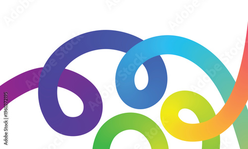 Colorful rainbow swirl elements blending into smooth fluid spiral wave design. vibrant gradient lines on white background. Dynamic swirl pattern.