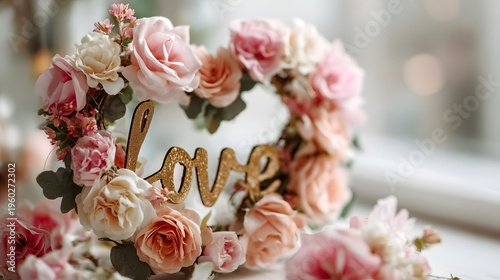 Beautiful Heart Shaped Floral Arrangement with Golden Love Word.