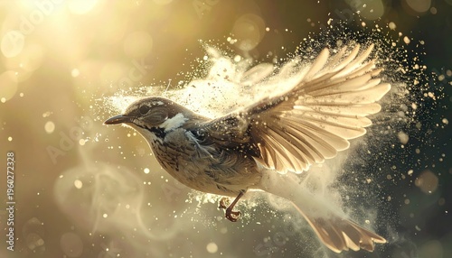 A bird in flight, dissolving into particles of light against a blurred, golden background