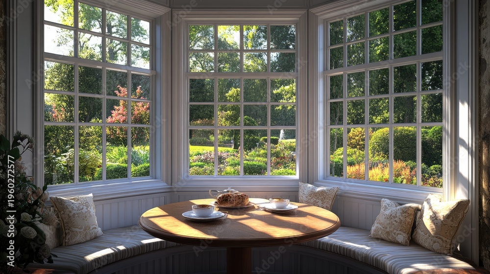 Fototapeta premium Serene Bay Window View:Sunlight Illuminates a Cozy Breakfast Nook