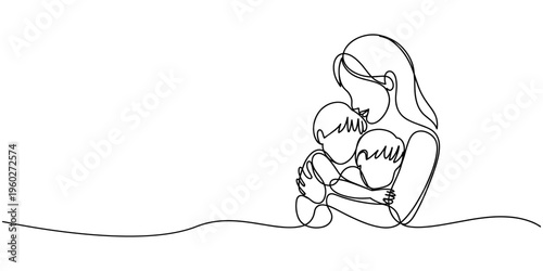 Mother and baby in continuous one line drawing. Mothers day celebration concept in single line art illustration. Editable vector, mother and baby image on Mather day Mather and his two children of pro