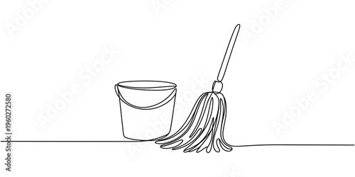 Continuous one line drawing of mop and bucket. Cleaning concept. Simple vector illustration, Single line draw design vector graphic illustration. Cleaning tools one line colored continuous drawing.