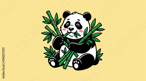 Cute Panda Eating Bamboo Leaves.