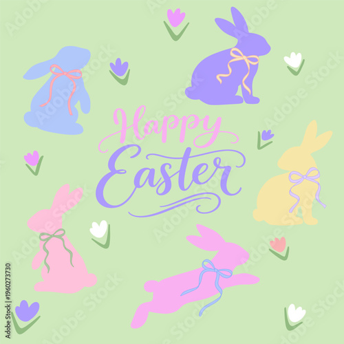 Cute pastel Easter illustration with bunny silhouettes, spring flowers and decorative oval frame. Flat vector style, perfect for greeting cards, prints, seasonal designs and packaging.