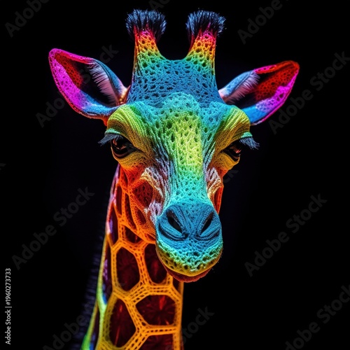Colorful Giraffe Portrait Neon Digital Art Vibrant Animal Illustration on Black Background