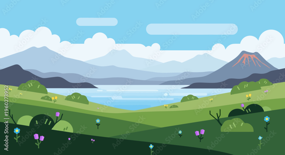 Fototapeta premium Vibrant Spring Landscape with Volcano, Lake, and Mountains, Flat Design