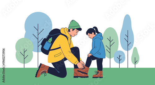 Father Helping Child Lace Hiking Boots Ready For Outdoor Adventure