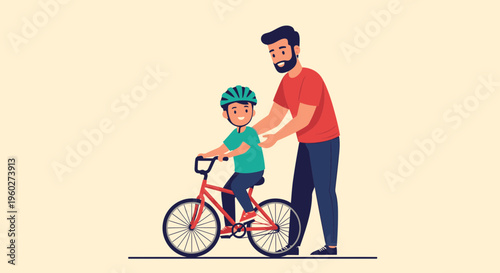 Father Guides Son Learning To Ride Bicycle On Peaceful Day