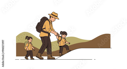 Father Guiding Children On Mountain Trail Adventure Family Hiking Expedition