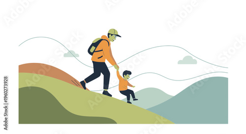 Father Helping Son Navigate Mountain Trail With Care